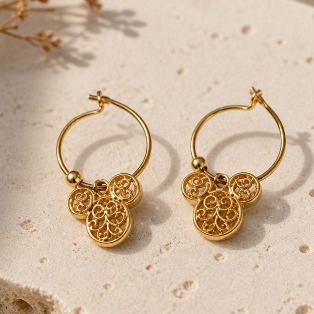 Disney Mickey Gold Tone Classic Delicate Vintage Filigree Pierced Earrings